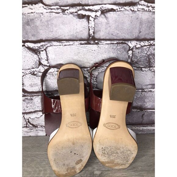 TOD'S Burgundy Patent Leather White Open Toe Heel Strap Sandals Women 35.5EU/5US - Picture 8 of 16